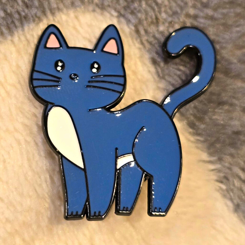 Blue Enamel Cat Pin Brooch Clear Kitten